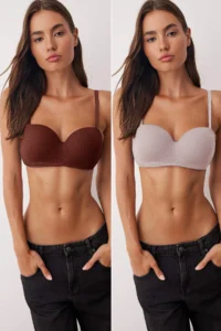 TRENDYOLMİLLA Brown-Mink 2 Sets Cotton Ribbed Covered Strapless Knitting Bra