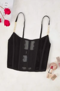 TRENDYOLMİLLA Black Velvet Lace and Chain Detailed Wireless Bustier Knitting Bra