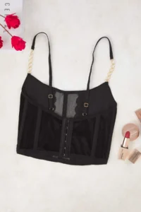 TRENDYOLMİLLA Black Velvet Lace and Chain Detailed Wireless Bustier Knitting Bra - Image 3