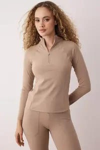 TRENDYOLMİLLA Mink Soft Brushed and Ribbed Material Zippered Knitting Sports Sweatshirt - Image 2