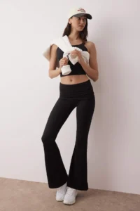 TRENDYOLMİLLA Black Brushed Soft Material Waist Fold Detailed Flare/flared leg Yoga Knitting Sports Leggings
