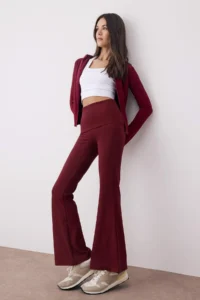 TRENDYOLMİLLA Burgundy Brushed Soft Material Waist Fold Detailed Flare/flared leg Yoga Knitting Sports Leggings - Image 2