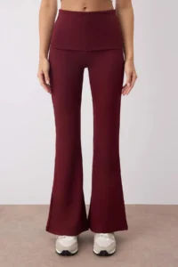 TRENDYOLMİLLA Burgundy Brushed Soft Material Waist Fold Detailed Flare/flared leg Yoga Knitting Sports Leggings - Image 3
