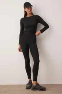 TRENDYOLMİLLA Black Tulle Detailed Full Size Knitting Sports Leggings - Image 3