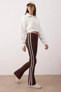 TRENDYOLMİLLA Brown Scuba Material Stripe Detailed flared leg Yoga Knitting Sports Leggings