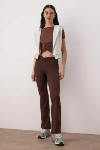 TRENDYOLMİLLA Brown Soft Brushed Material Ruffle Detailed Knitting Sports Leggings - Image 3
