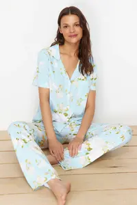 TRENDYOLMİLLA Mavi 100% Cotton flower patterned Knitting Pajama Set