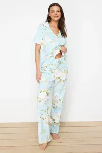 TRENDYOLMİLLA Mavi 100% Cotton flower patterned Knitting Pajama Set - Image 2