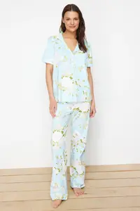 TRENDYOLMİLLA Mavi 100% Cotton flower patterned Knitting Pajama Set - Image 3