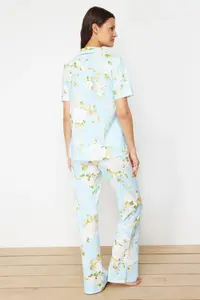 TRENDYOLMİLLA Mavi 100% Cotton flower patterned Knitting Pajama Set - Image 6