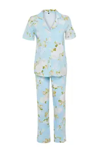 TRENDYOLMİLLA Mavi 100% Cotton flower patterned Knitting Pajama Set - Image 7