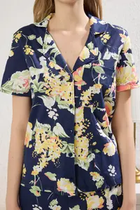 TRENDYOLMİLLA Navy Blue 100% Cotton Floral Knitting Pajama Set - Image 4
