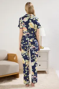 TRENDYOLMİLLA Navy Blue 100% Cotton Floral Knitting Pajama Set - Image 5
