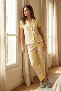 TRENDYOLMİLLA Yellow 100% Cotton flower patterned Shirt-Pants Knitting Pajama Set