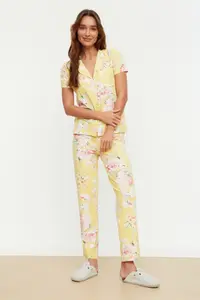 TRENDYOLMİLLA Yellow 100% Cotton flower patterned Shirt-Pants Knitting Pajama Set - Image 2