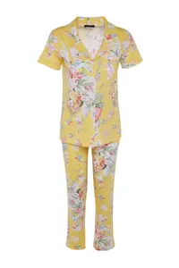 TRENDYOLMİLLA Yellow 100% Cotton flower patterned Shirt-Pants Knitting Pajama Set - Image 6