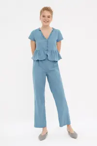 TRENDYOLMİLLA Mavi Frilly T-Shirt-Pants Viscose Weaving Pajama Set