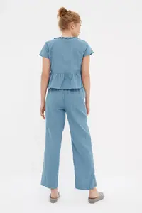 TRENDYOLMİLLA Mavi Frilly T-Shirt-Pants Viscose Weaving Pajama Set - Image 6
