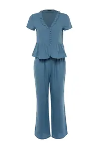 TRENDYOLMİLLA Mavi Frilly T-Shirt-Pants Viscose Weaving Pajama Set - Image 7