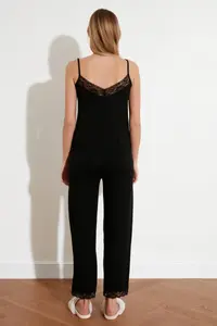 TRENDYOLMİLLA Black Lace and Ribbon/Bow Detailed Rope Sleeveless Viscose Knitting Pajama Set - Image 6