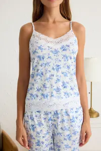TRENDYOLMİLLA Mavi-Multicolored Floral Lace and Ribbon/Bow Detail Viscose Knitting Pajama Set - Image 3