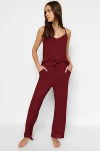 TRENDYOLMİLLA Burgundy Lace and Ribbon/Bow Detailed Rope Sleeveless Viscose Knitting Pajama Set