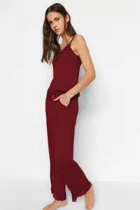 TRENDYOLMİLLA Burgundy Lace and Ribbon/Bow Detailed Rope Sleeveless Viscose Knitting Pajama Set - Image 2