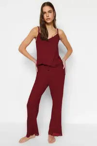 TRENDYOLMİLLA Burgundy Lace and Ribbon/Bow Detailed Rope Sleeveless Viscose Knitting Pajama Set - Image 3