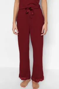 TRENDYOLMİLLA Burgundy Lace and Ribbon/Bow Detailed Rope Sleeveless Viscose Knitting Pajama Set - Image 4