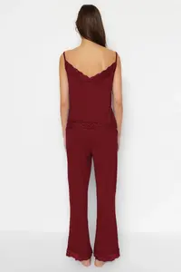 TRENDYOLMİLLA Burgundy Lace and Ribbon/Bow Detailed Rope Sleeveless Viscose Knitting Pajama Set - Image 6