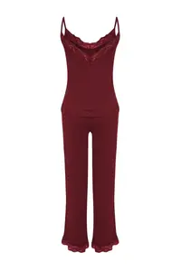 TRENDYOLMİLLA Burgundy Lace and Ribbon/Bow Detailed Rope Sleeveless Viscose Knitting Pajama Set - Image 7