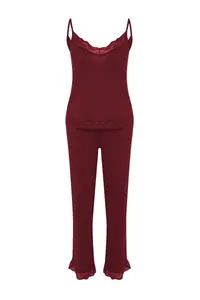 TRENDYOLMİLLA Burgundy Lace and Ribbon/Bow Detailed Rope Sleeveless Viscose Knitting Pajama Set - Image 9
