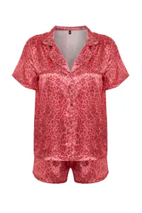 TRENDYOLMİLLA Pink Multicolored Leopard Patterned Satin OF shorts Weaving Pajama Set - Image 9
