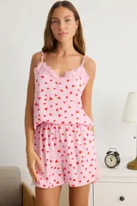 TRENDYOLMİLLA Pink-Multicolored Kalpli Lace Rope Sleeveless Viscose OF shorts Weaving Pajama Set - Image 2