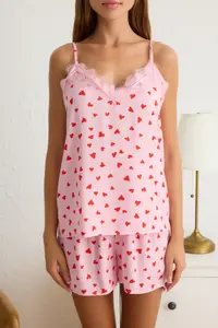 TRENDYOLMİLLA Pink-Multicolored Kalpli Lace Rope Sleeveless Viscose OF shorts Weaving Pajama Set - Image 3