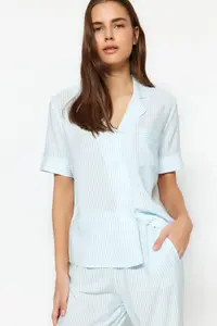 TRENDYOLMİLLA Mavi Striped Viscose Shirt-Pants Weaving Pajama Set