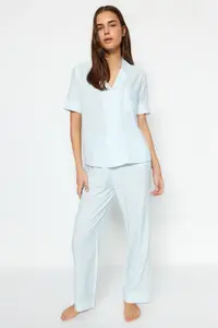 TRENDYOLMİLLA Mavi Striped Viscose Shirt-Pants Weaving Pajama Set - Image 2