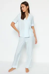TRENDYOLMİLLA Mavi Striped Viscose Shirt-Pants Weaving Pajama Set - Image 3