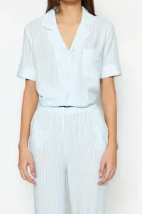 TRENDYOLMİLLA Mavi Striped Viscose Shirt-Pants Weaving Pajama Set - Image 5