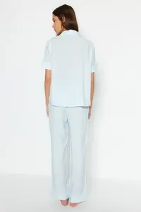 TRENDYOLMİLLA Mavi Striped Viscose Shirt-Pants Weaving Pajama Set - Image 6