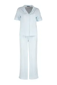 TRENDYOLMİLLA Mavi Striped Viscose Shirt-Pants Weaving Pajama Set - Image 7
