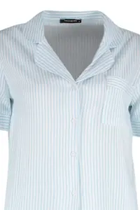 TRENDYOLMİLLA Mavi Striped Viscose Shirt-Pants Weaving Pajama Set - Image 8
