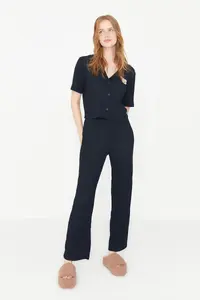 TRENDYOLMİLLA Navy Blue Teddy Bear Embroidered Ribbed Knitting Pajama Set - Image 3