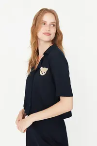 TRENDYOLMİLLA Navy Blue Teddy Bear Embroidered Ribbed Knitting Pajama Set - Image 4