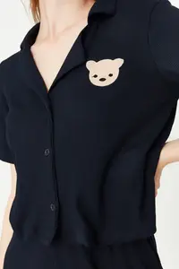 TRENDYOLMİLLA Navy Blue Teddy Bear Embroidered Ribbed Knitting Pajama Set - Image 5