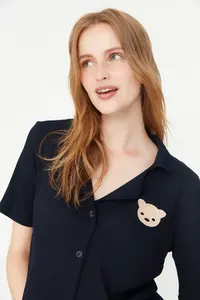 TRENDYOLMİLLA Navy Blue Teddy Bear Embroidered Ribbed Knitting Pajama Set - Image 6