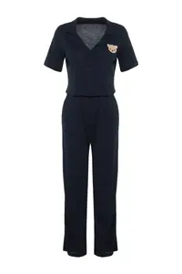 TRENDYOLMİLLA Navy Blue Teddy Bear Embroidered Ribbed Knitting Pajama Set - Image 8