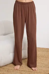 TRENDYOLMİLLA Brown Teddy Bear Embroidered Ribbed Knitting Pajama Set - Image 3