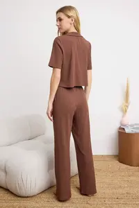 TRENDYOLMİLLA Brown Teddy Bear Embroidered Ribbed Knitting Pajama Set - Image 4