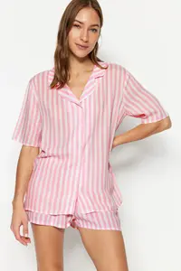 TRENDYOLMİLLA Pink Striped Viscose Tops Wide Pattern OF shorts Weaving Pajama Set